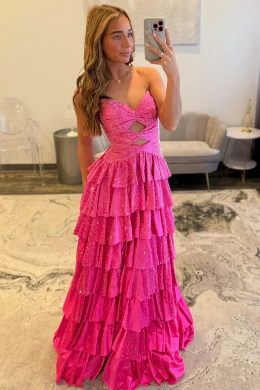 Strapless Hot A-Line Prom Dress with Keyhole Bodice Ruffle Skirt Slit and Lace Up Back - Image 13