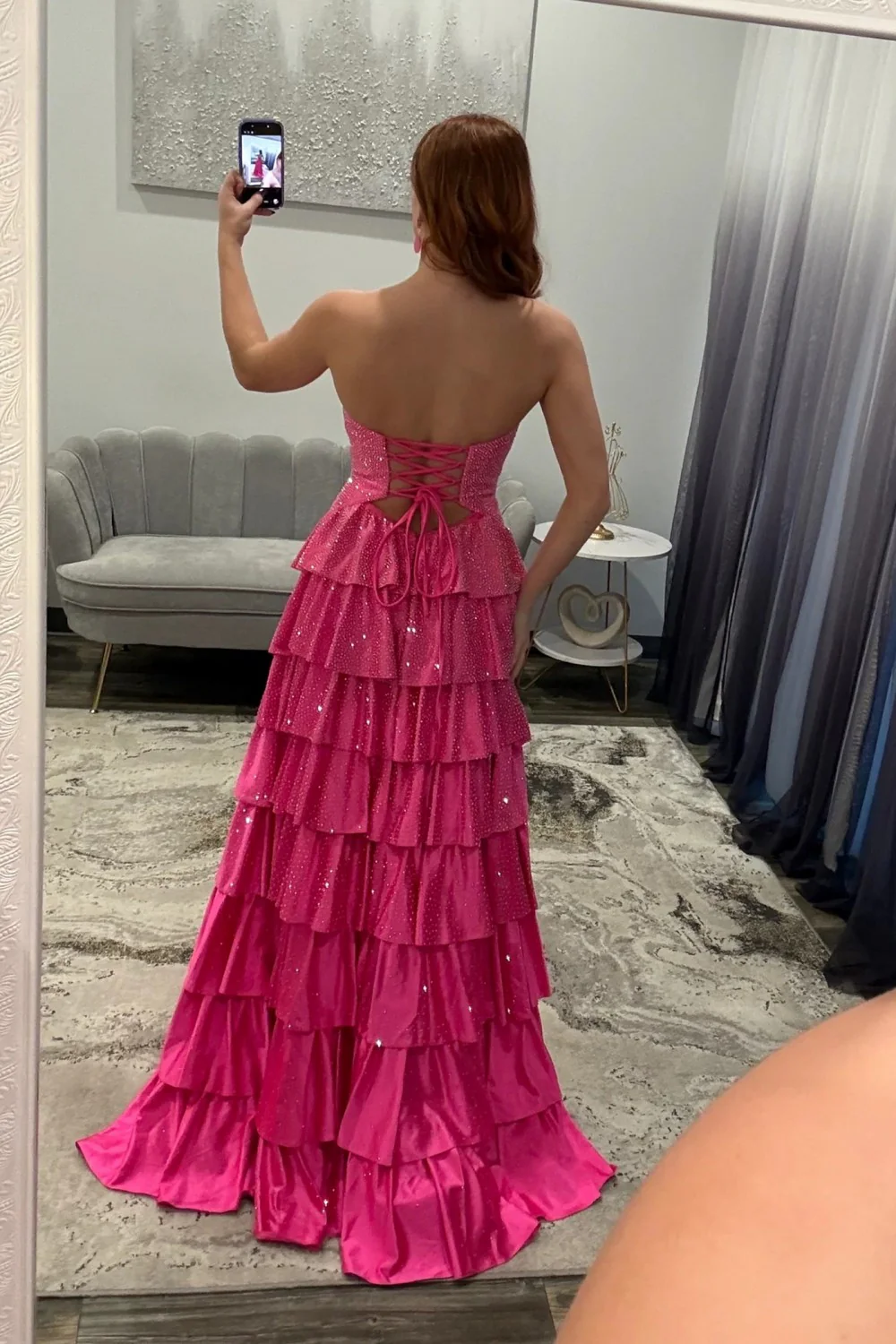 Strapless Hot A-Line Prom Dress with Keyhole Bodice Ruffle Skirt Slit and Lace Up Back - Image 14