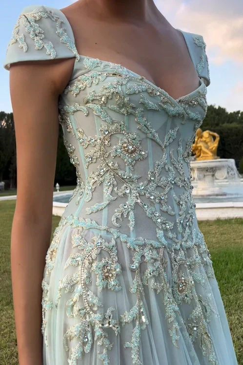 Gorgeous A Line Sweetheart Light Green Long Prom Dress with Appliques - Image 2