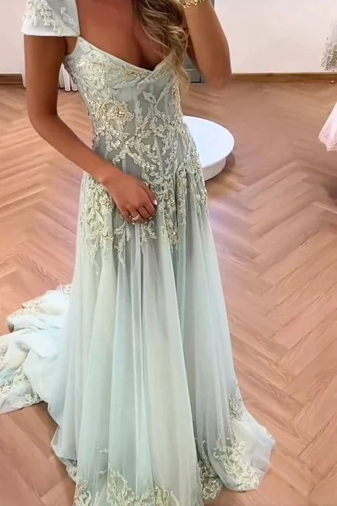 Gorgeous A Line Sweetheart Light Green Long Prom Dress with Appliques - Image 4
