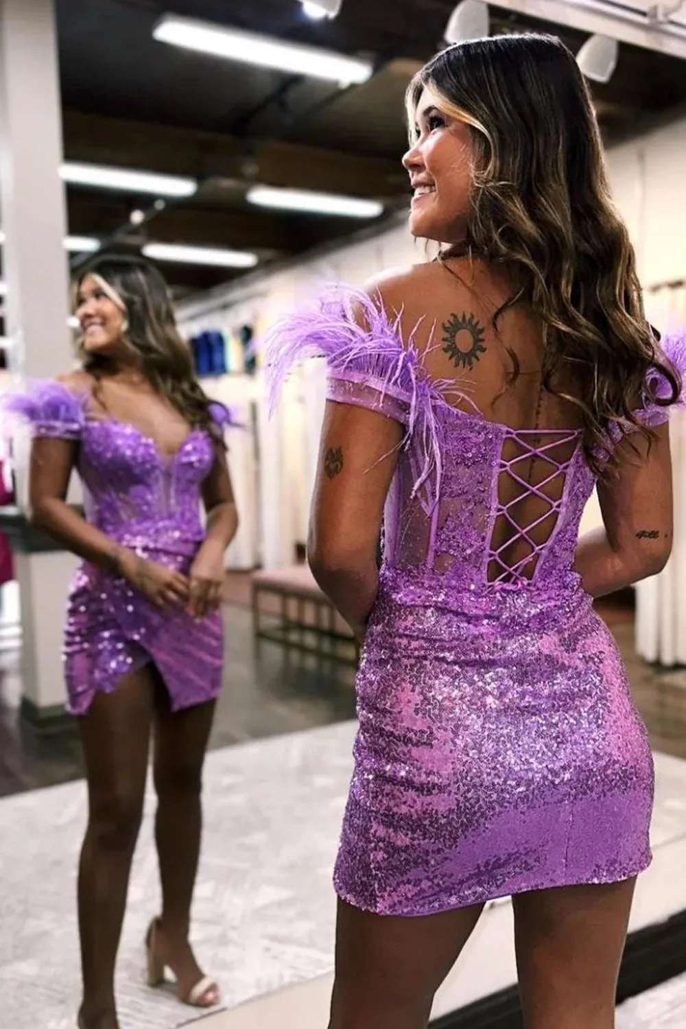 Gorgeous Bodycon Off The Shoulder Lace Up Sequin Dress with Feather Homecoming Dress - Image 2