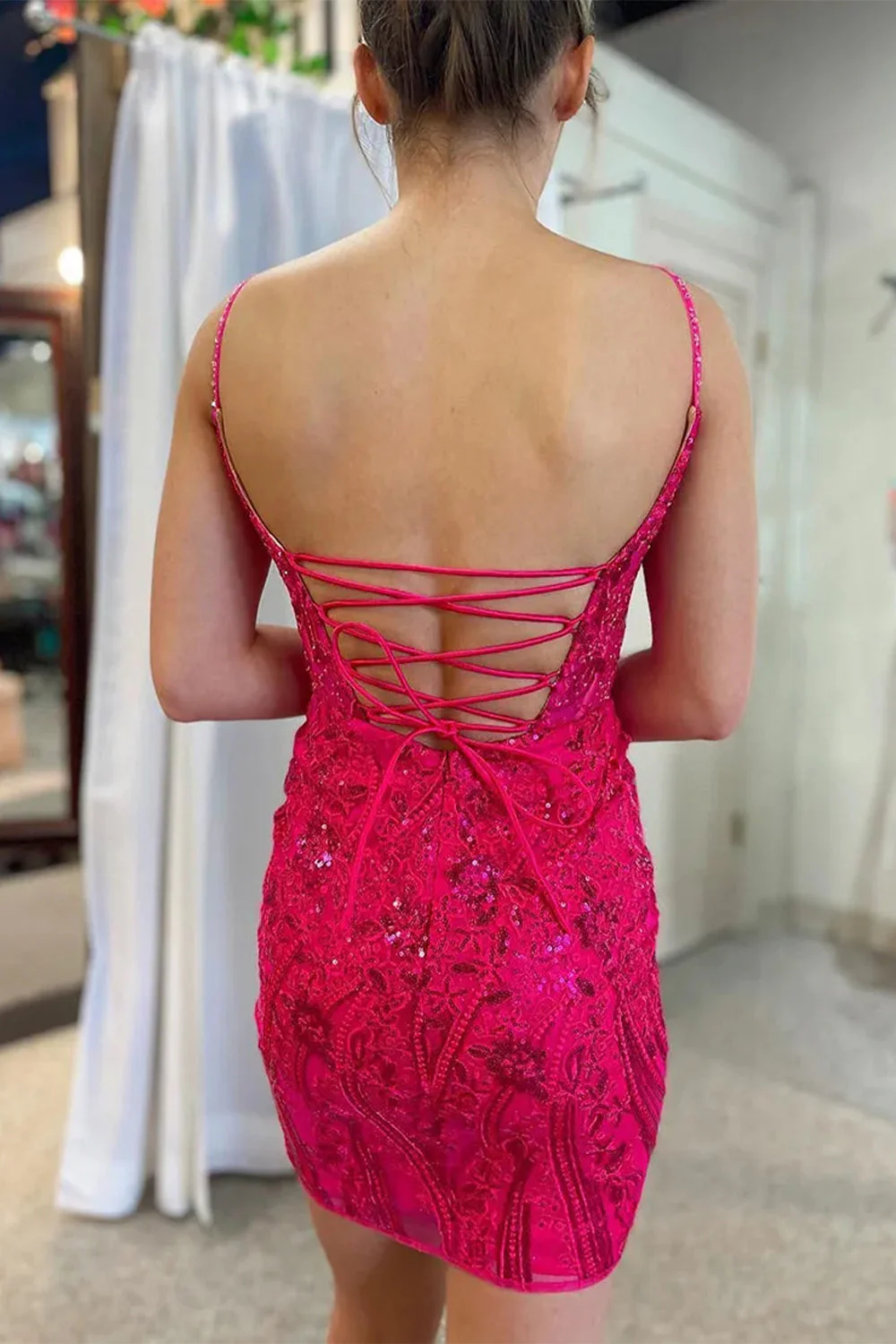 Gorgeous Glitter Bodycon Short Dress with Spaghetti Straps and Lace Up Back Homecoming Dress - Image 8