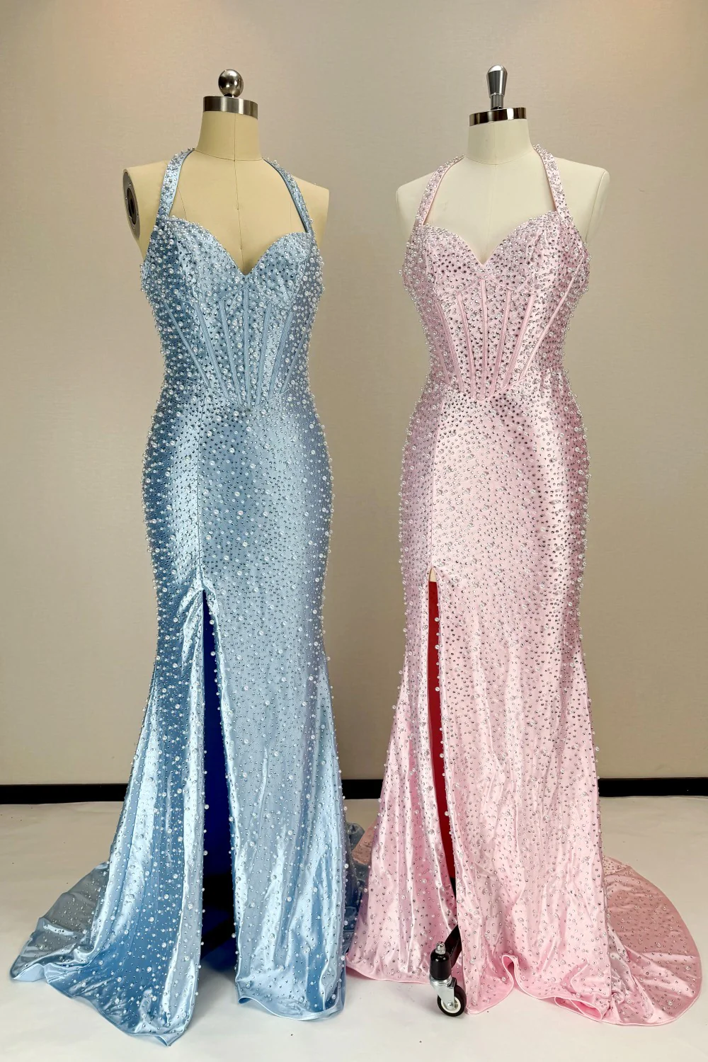 Gorgeous Light Blue Beaded Halter Mermaid Prom Dress With Pearls and Slit - Image 6