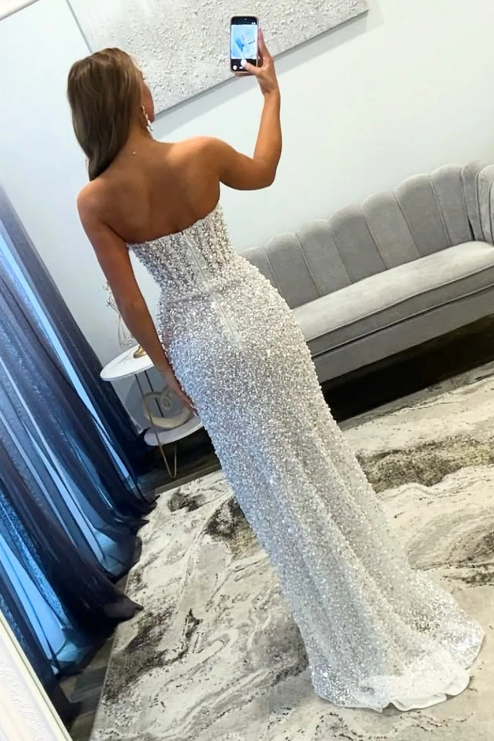 Gorgeous Luxury White Pearls Strapless Mermaid Prom Dress with Slit - Image 3