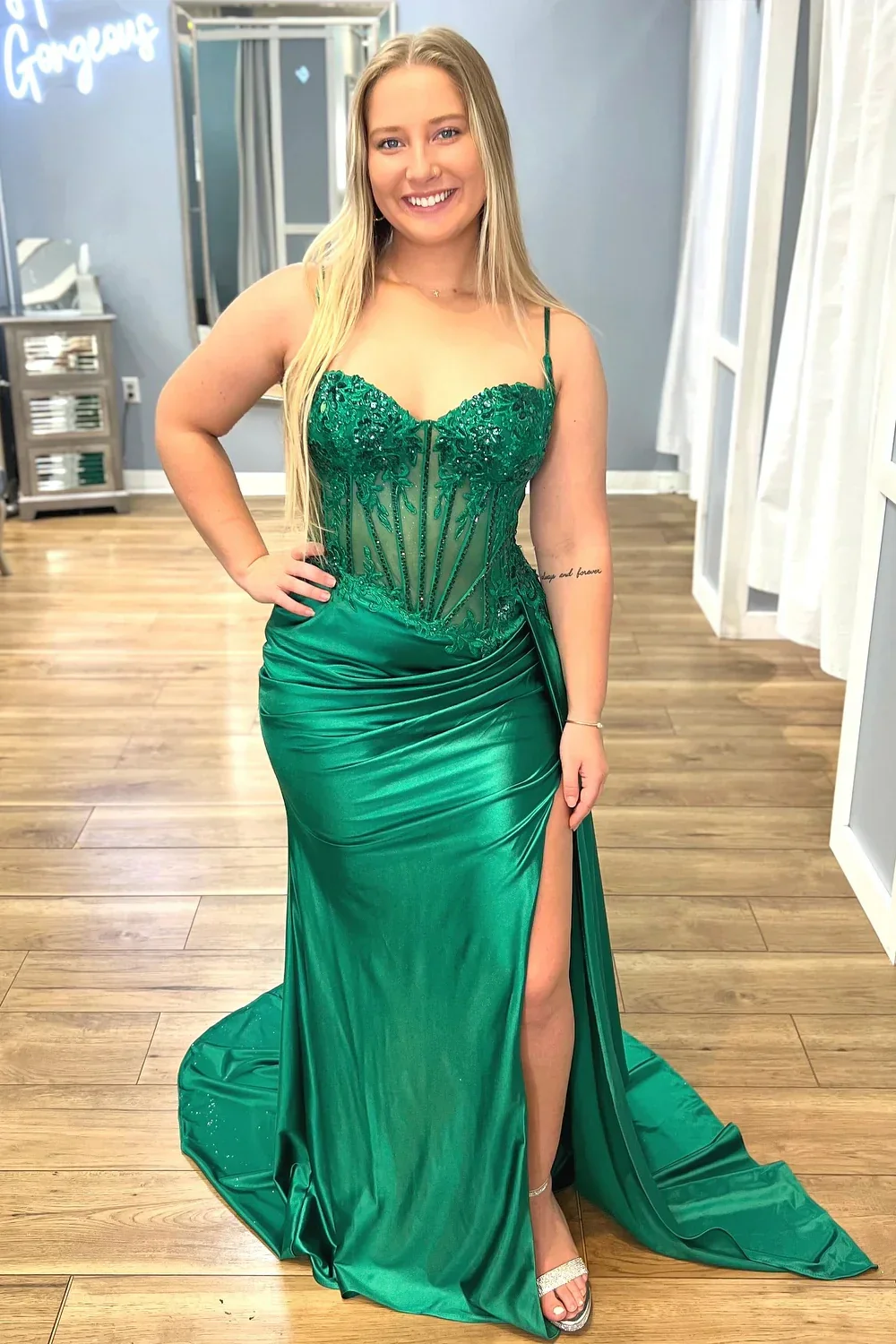 Gorgeous Mermaid Spaghetti Straps Silver Glitter Prom Dress with Split Slit - Image 23