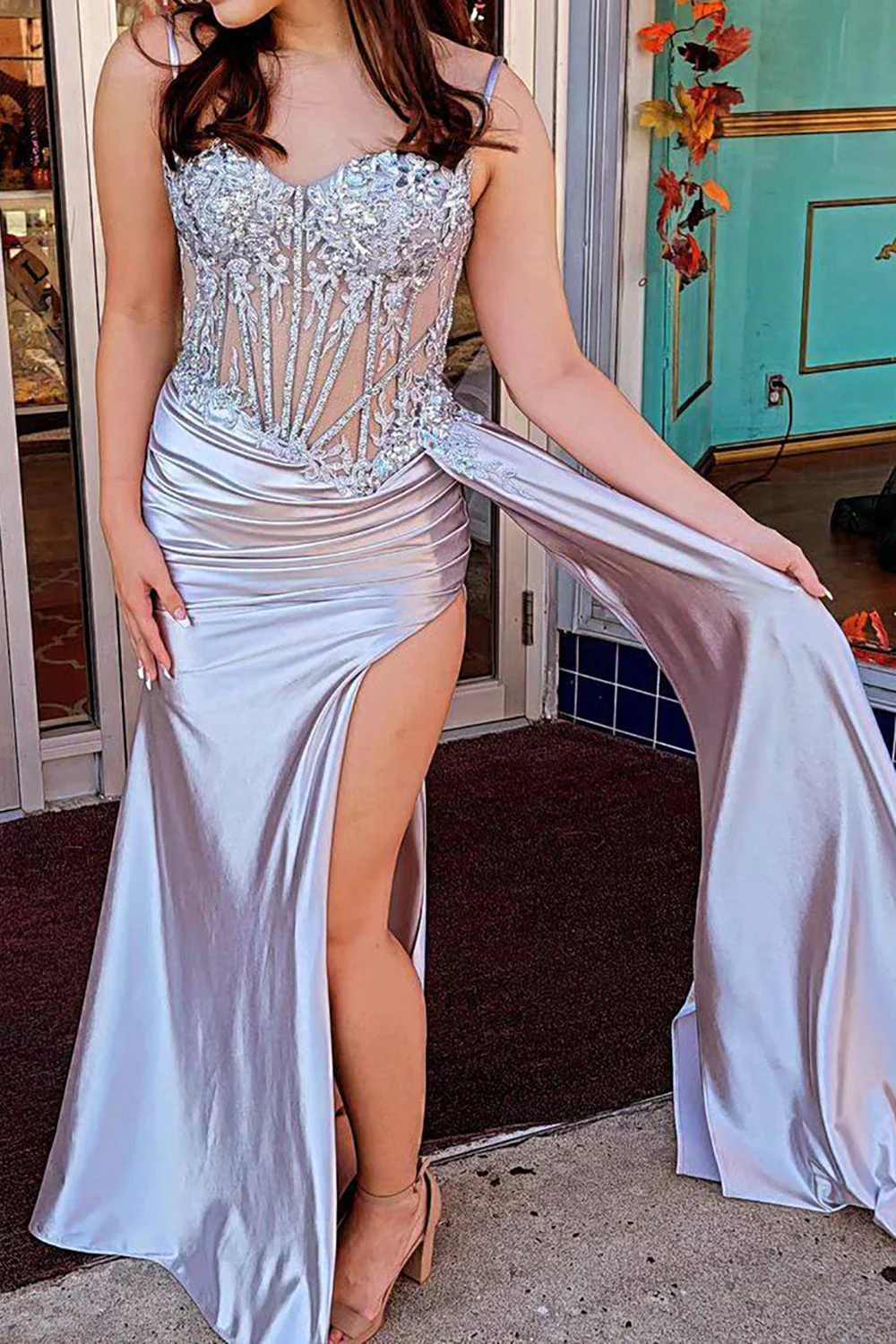 Gorgeous Mermaid Spaghetti Straps Silver Glitter Prom Dress with Split Slit - Image 4