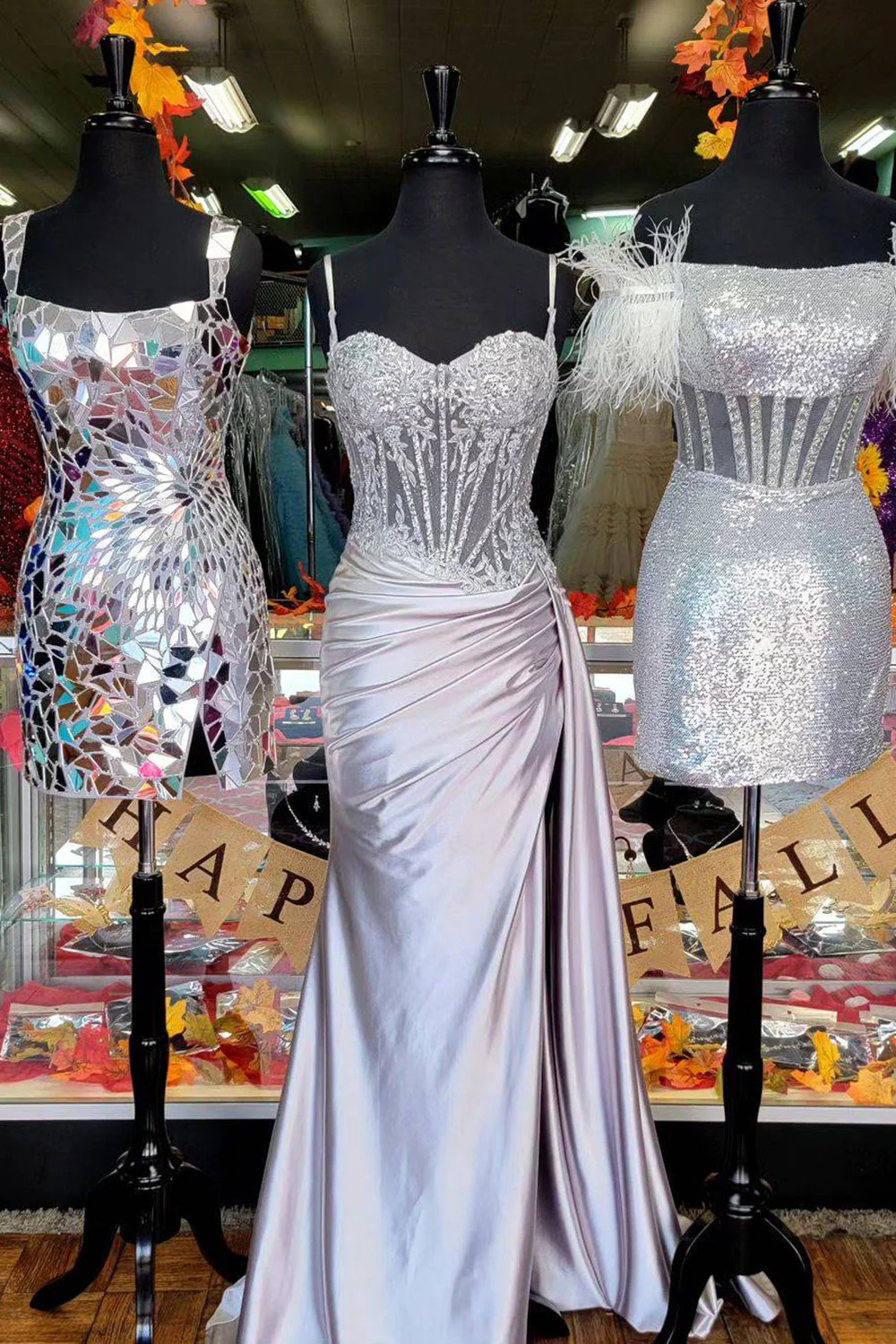 Gorgeous Mermaid Spaghetti Straps Silver Glitter Prom Dress with Split Slit - Image 6