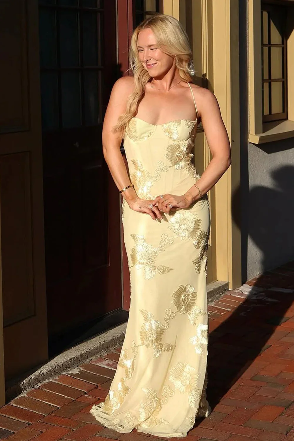 Gorgeous Mermaid Spaghetti Straps Yellow Long Prom Dress with Embroidery - Image 3