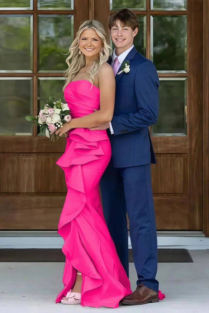 Gorgeous Mermaid Strapless Pink Long Prom Dress with Split Front Ruched - Image 10