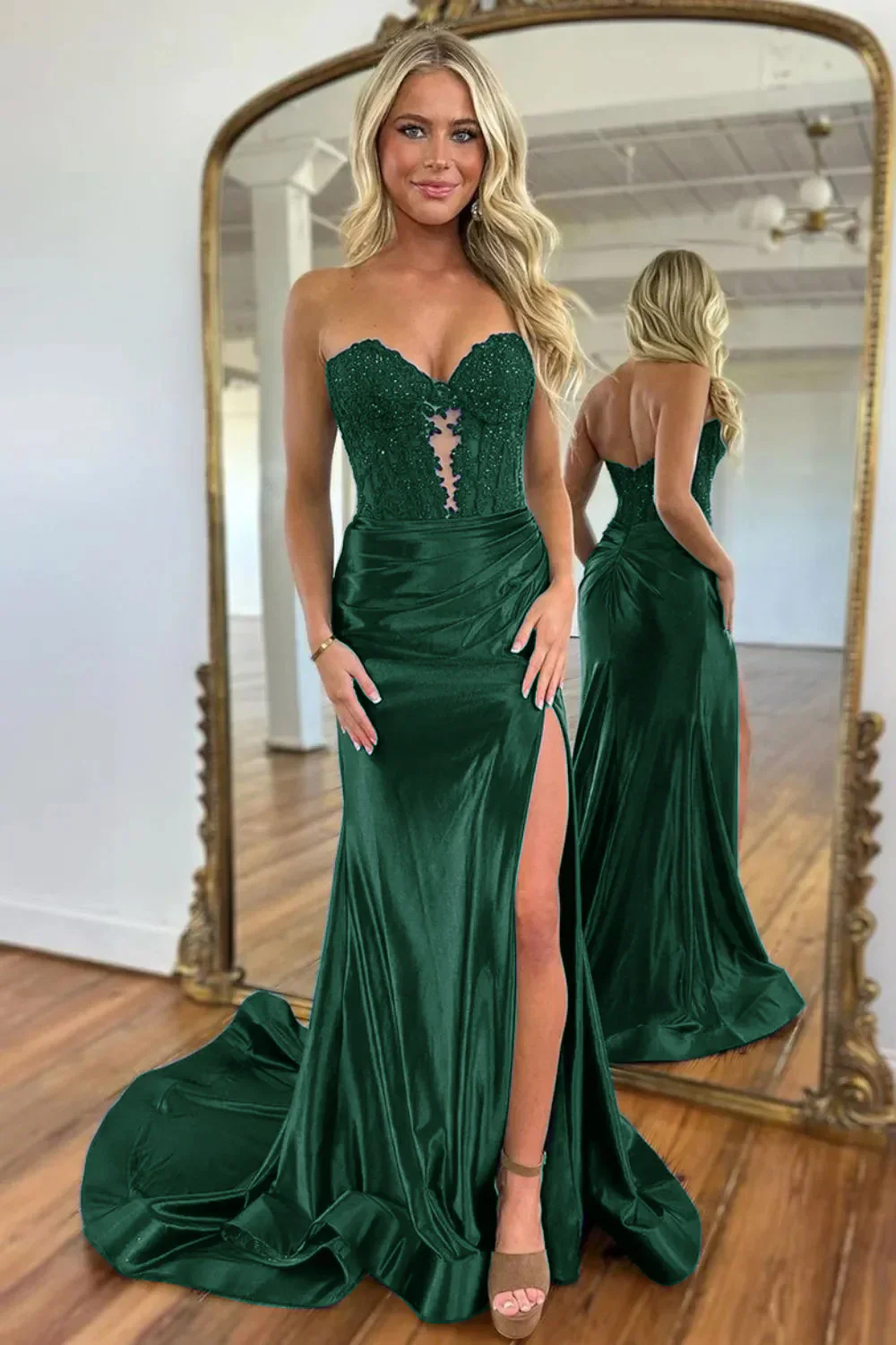 Gorgeous Mermaid Sweetheart Navy Blue Satin Prom Dress with Appliques Split - Image 10