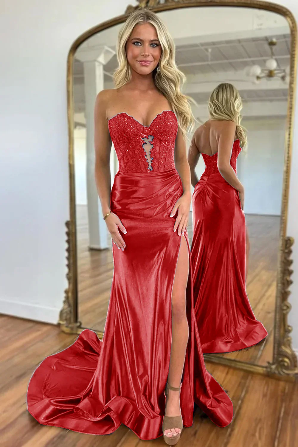 Gorgeous Mermaid Sweetheart Navy Blue Satin Prom Dress with Appliques Split - Image 14