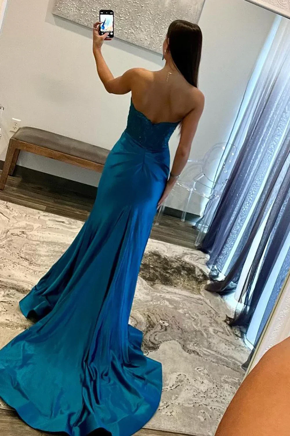 Gorgeous Mermaid Sweetheart Navy Blue Satin Prom Dress with Appliques Split - Image 5
