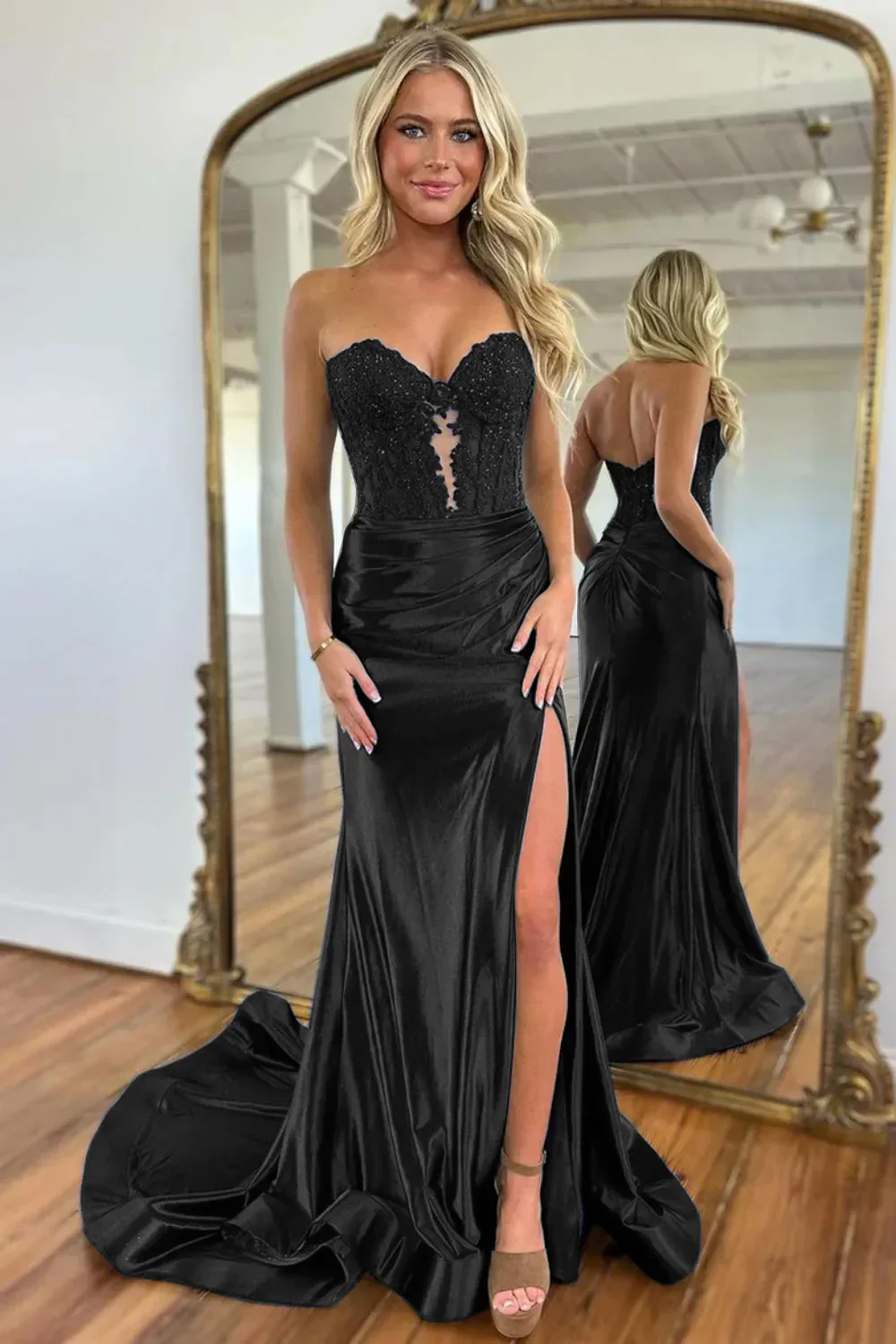 Gorgeous Mermaid Sweetheart Navy Blue Satin Prom Dress with Appliques Split - Image 8