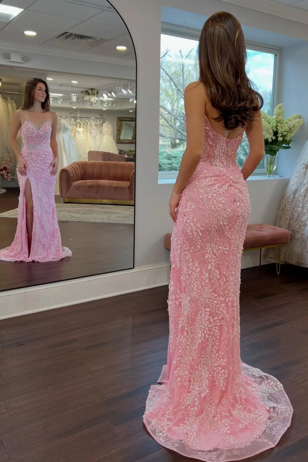 Gorgeous Mermaid Sweetheart Pink Long Prom Dress with Split Front Appliques - Image 4