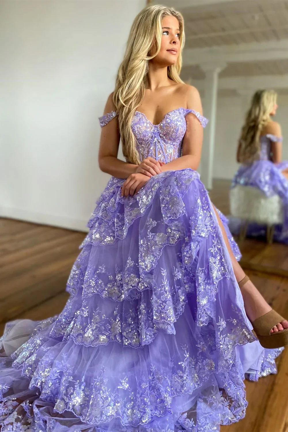 Gorgeous Off The Shoulder A Line Sequin Prom Dress with Glitter Finish Tiered Layers and Slit - Image 3