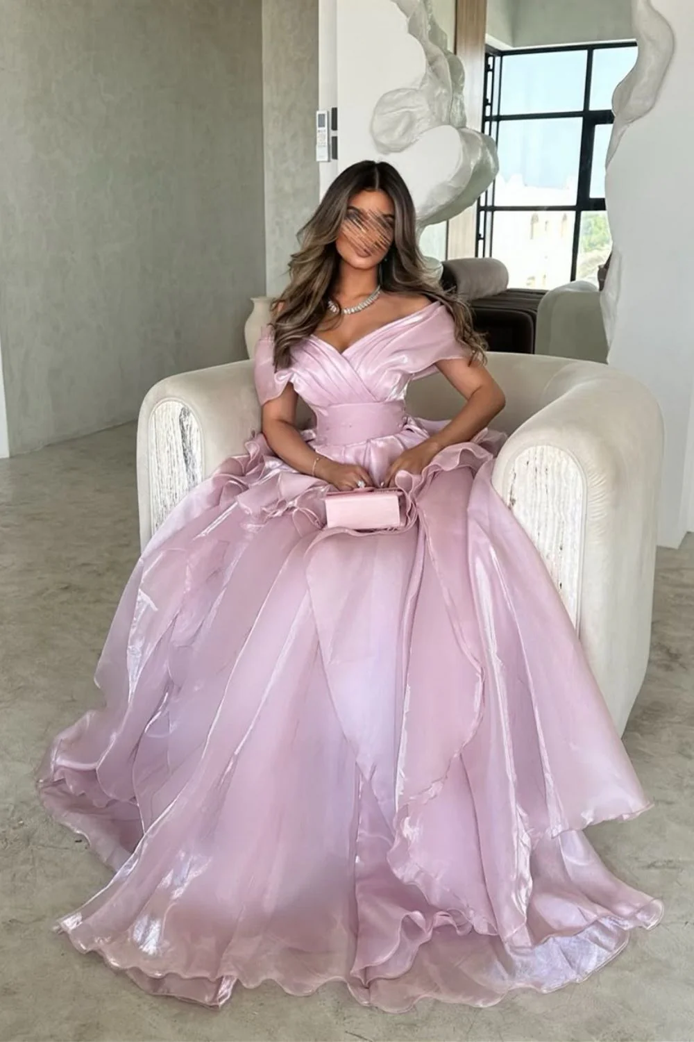 Gorgeous Pink Off-the-Shoulder Ruffled Layered Ball Gown Prom Dress - Image 4
