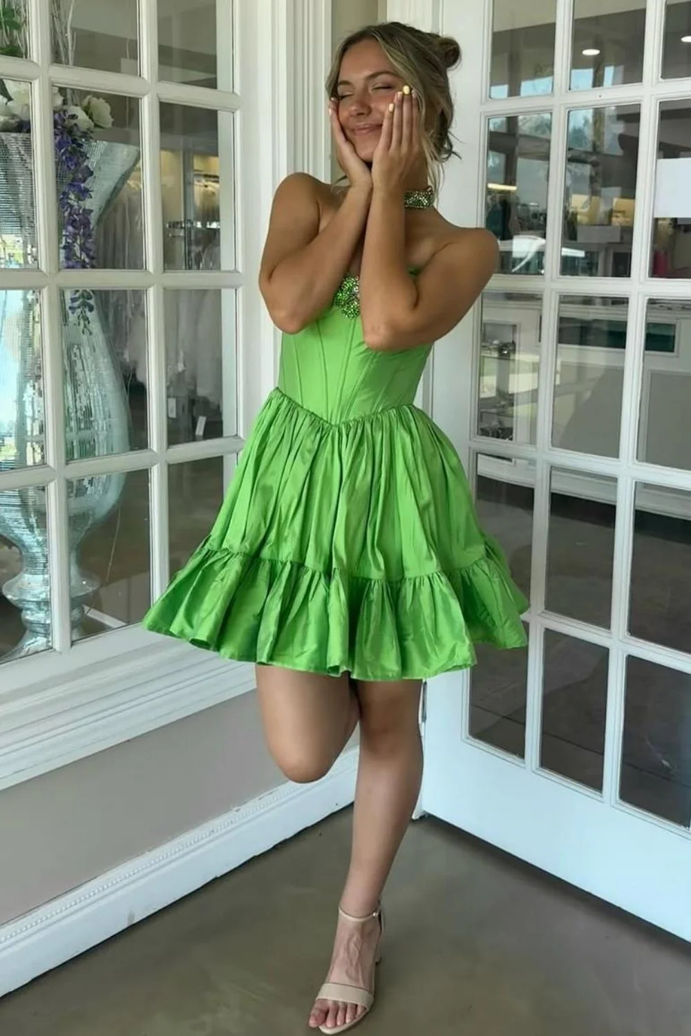 Green A-Line Strapless Corset Homecoming Dress with Beaded Brooch - Image 2