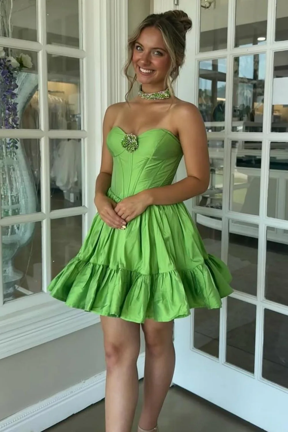Green A-Line Strapless Corset Homecoming Dress with Beaded Brooch - Image 4