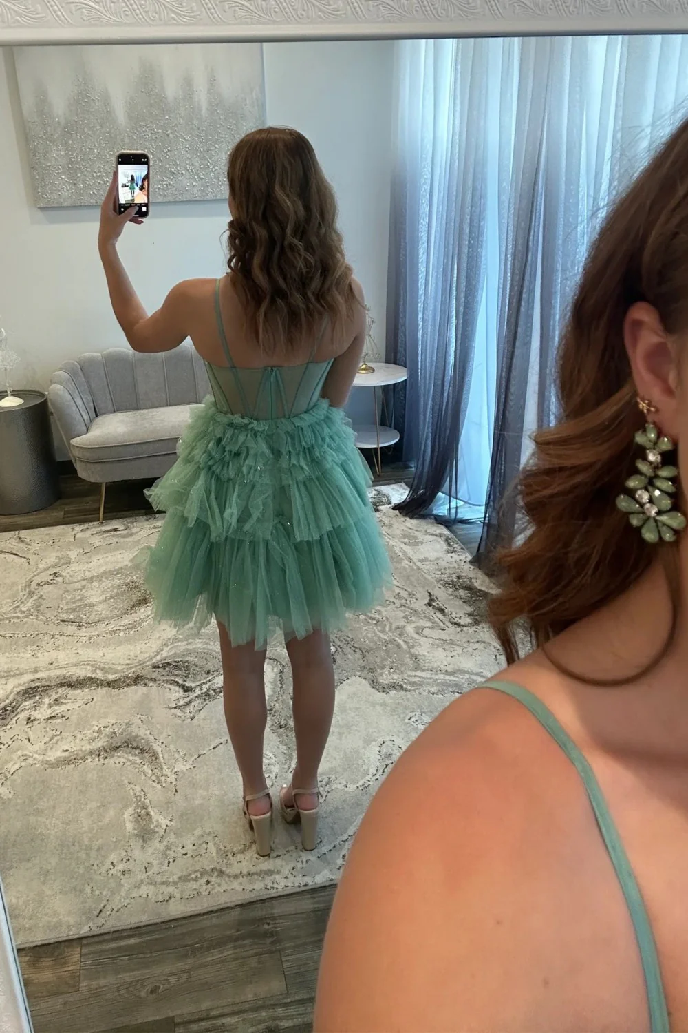 Green Corset Short Tulle Homecoming Dress with Ruffled Skirt and Sparkle Details - Image 4
