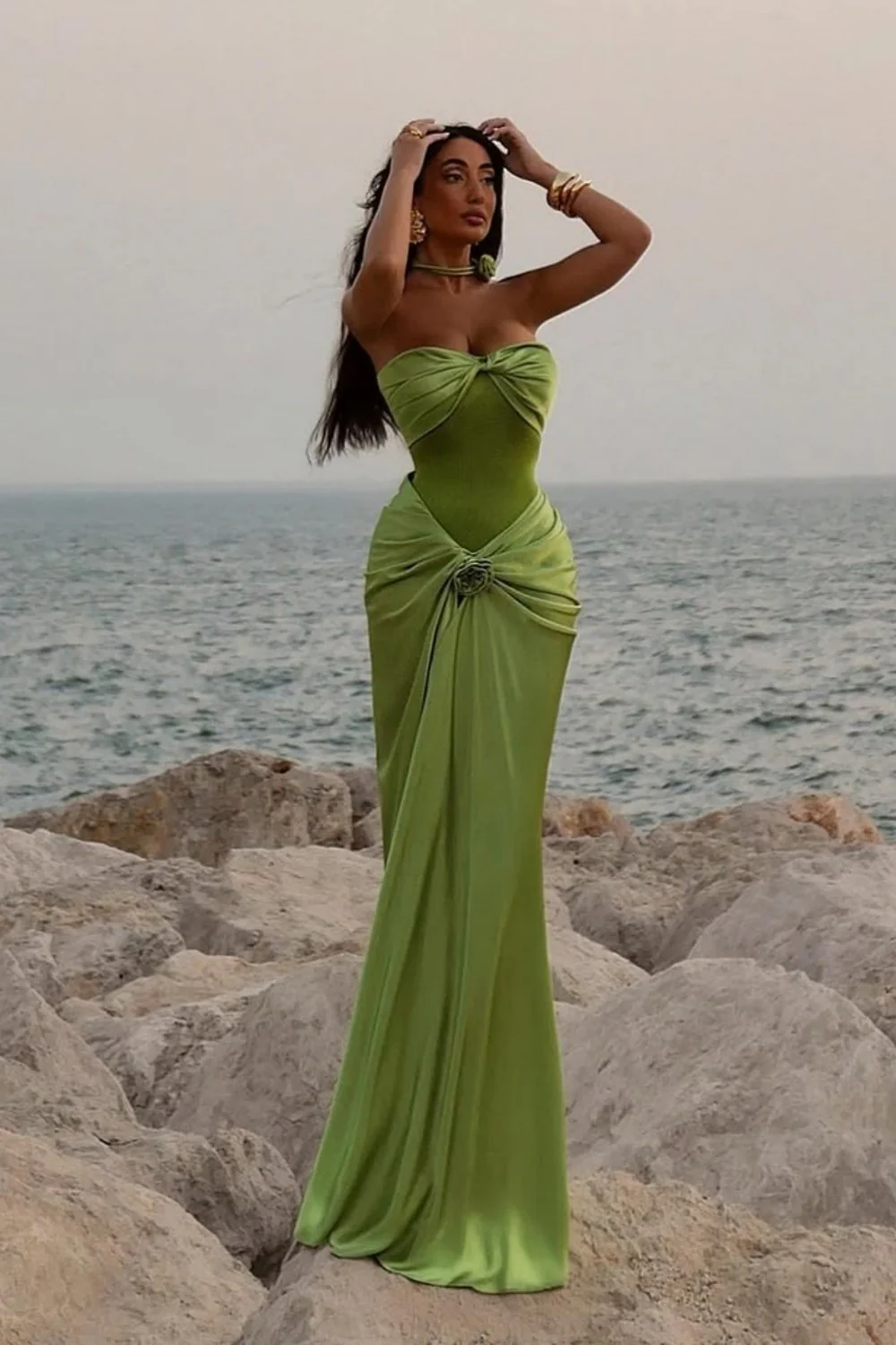 Green Ruched Bodice Mermaid Draped Maxi Prom Dress with Rosette Detail - Image 2