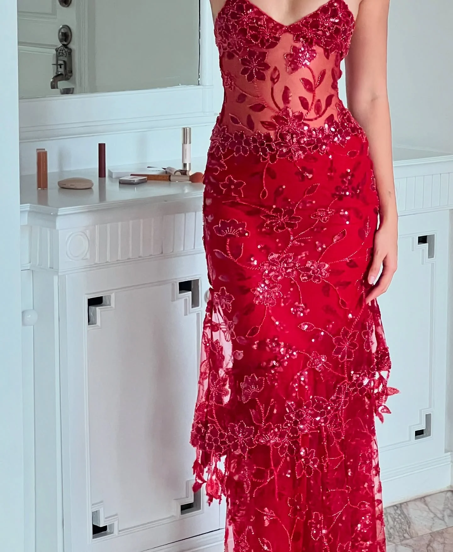 Hot Mermaid Spaghetti Straps Red Long Prom Dress with Embroidery - Image 10