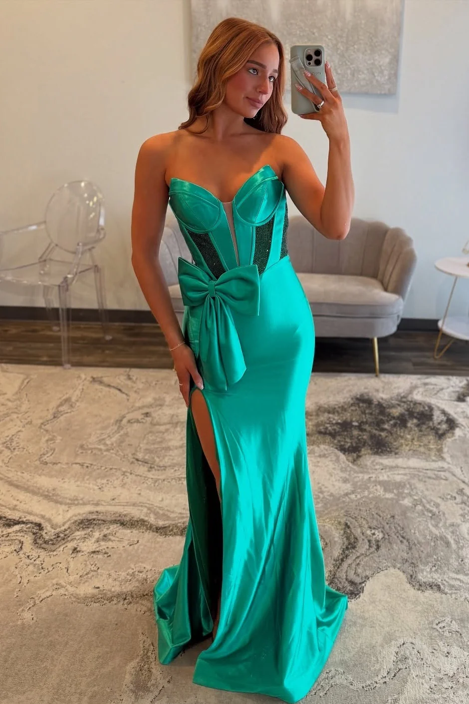 Hot Mermaid Sweetheart Green Long Prom Dress with Keyhole Bowknot - Image 4