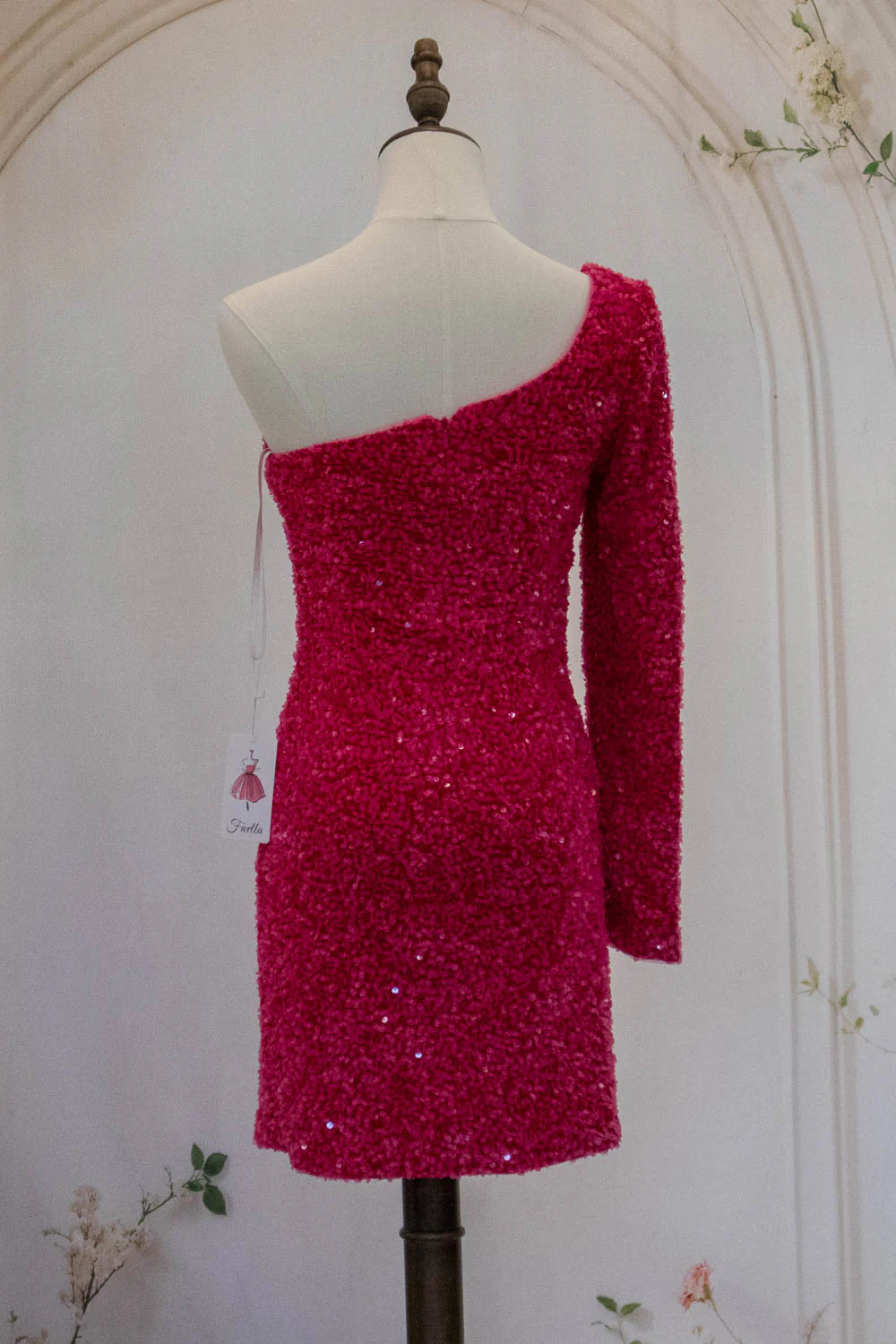 Hot Pink One Shoulder Short Tight Sequin Homecoming Dress - Image 5