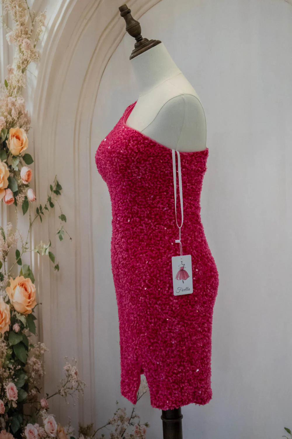 Hot Pink One Shoulder Short Tight Sequin Homecoming Dress - Image 6