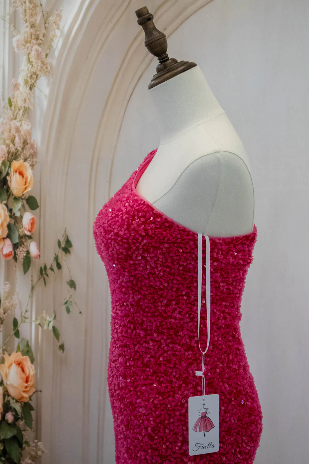 Hot Pink One Shoulder Short Tight Sequin Homecoming Dress - Image 8