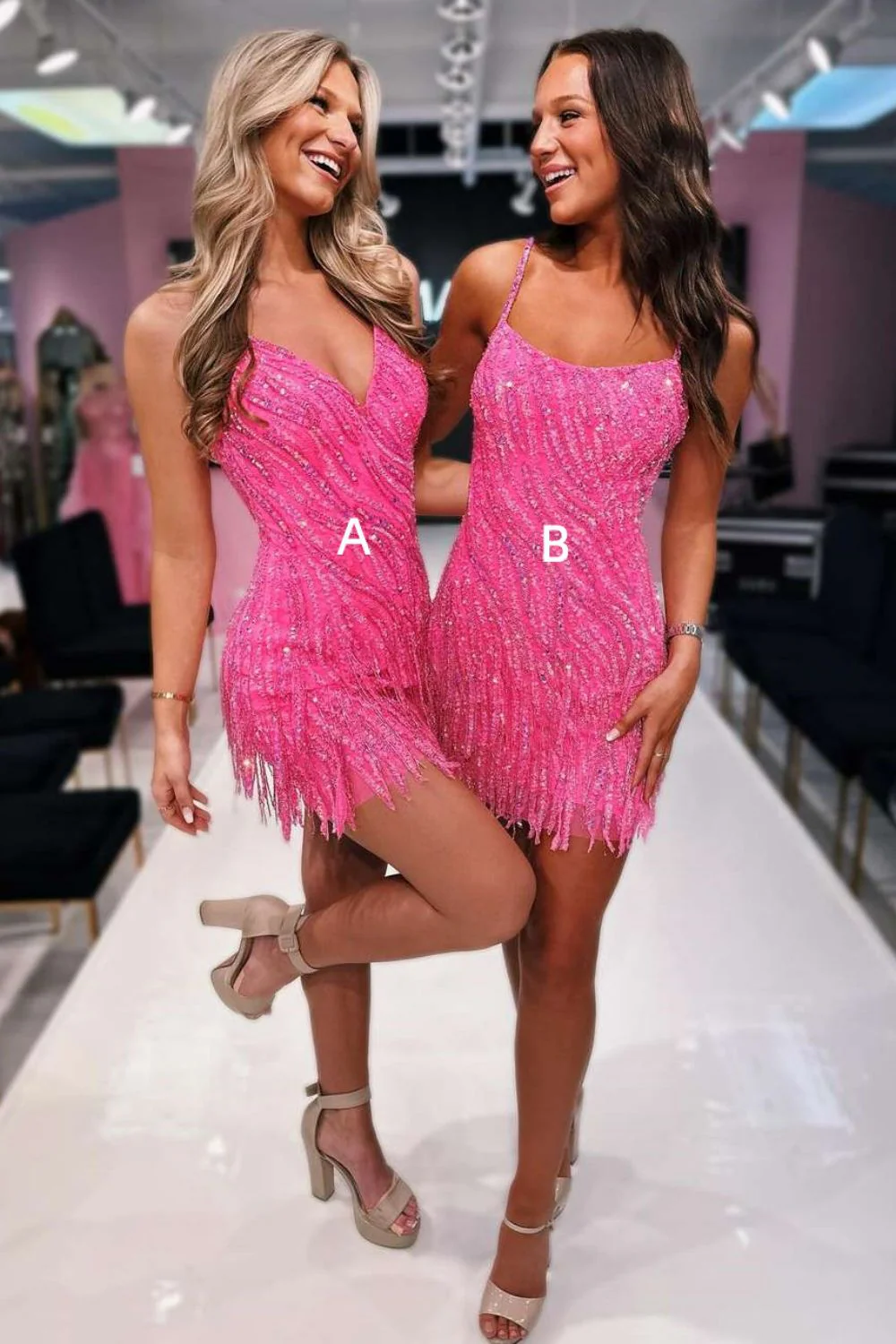 Hot Pink Sequin Bodycon Homecoming Dress with Spaghetti Straps and Fringe Hem - Image 2