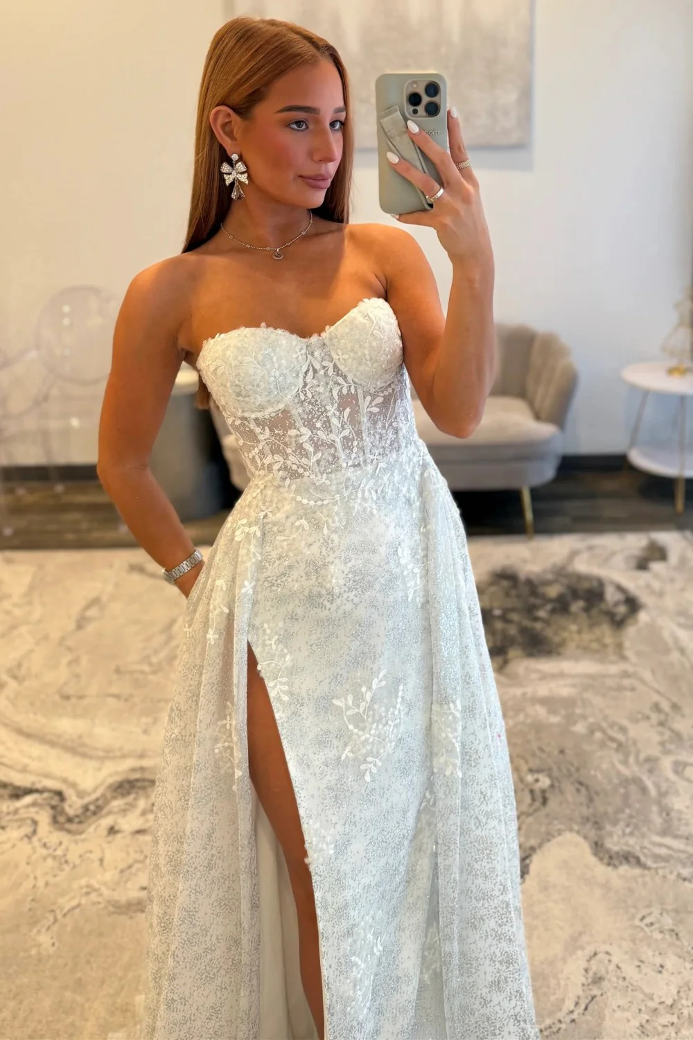 Ivory Lace Strapless Prom Dress with Sheer Corset Bodice and Sweep-Brush Train - Image 2