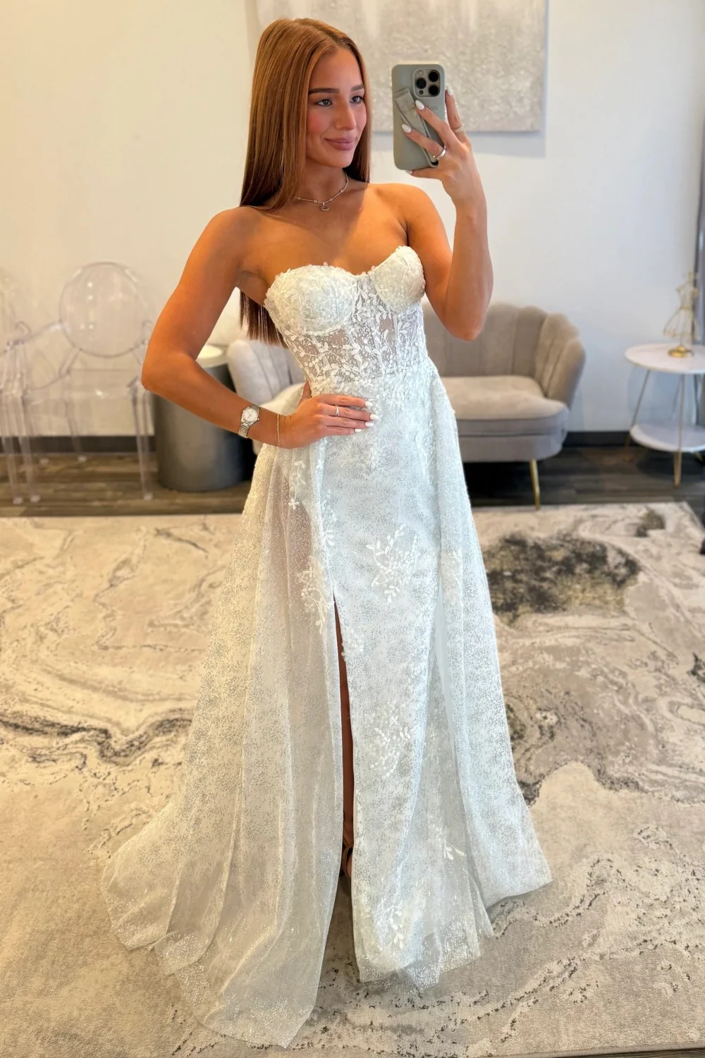 Ivory Lace Strapless Prom Dress with Sheer Corset Bodice and Sweep-Brush Train - Image 3