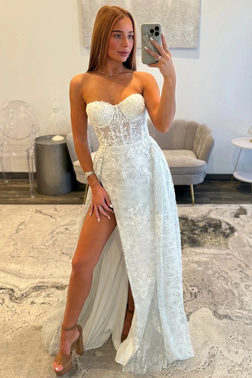 Ivory Lace Strapless Prom Dress with Sheer Corset Bodice and Sweep-Brush Train - Image 4