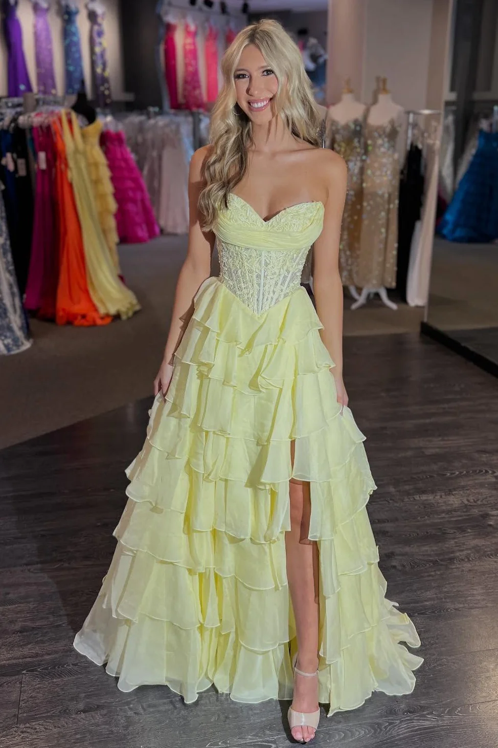 Layered Ruffle A-Line Prom Dress with Embellished Lace Bodice and Leg Slit - Image 11