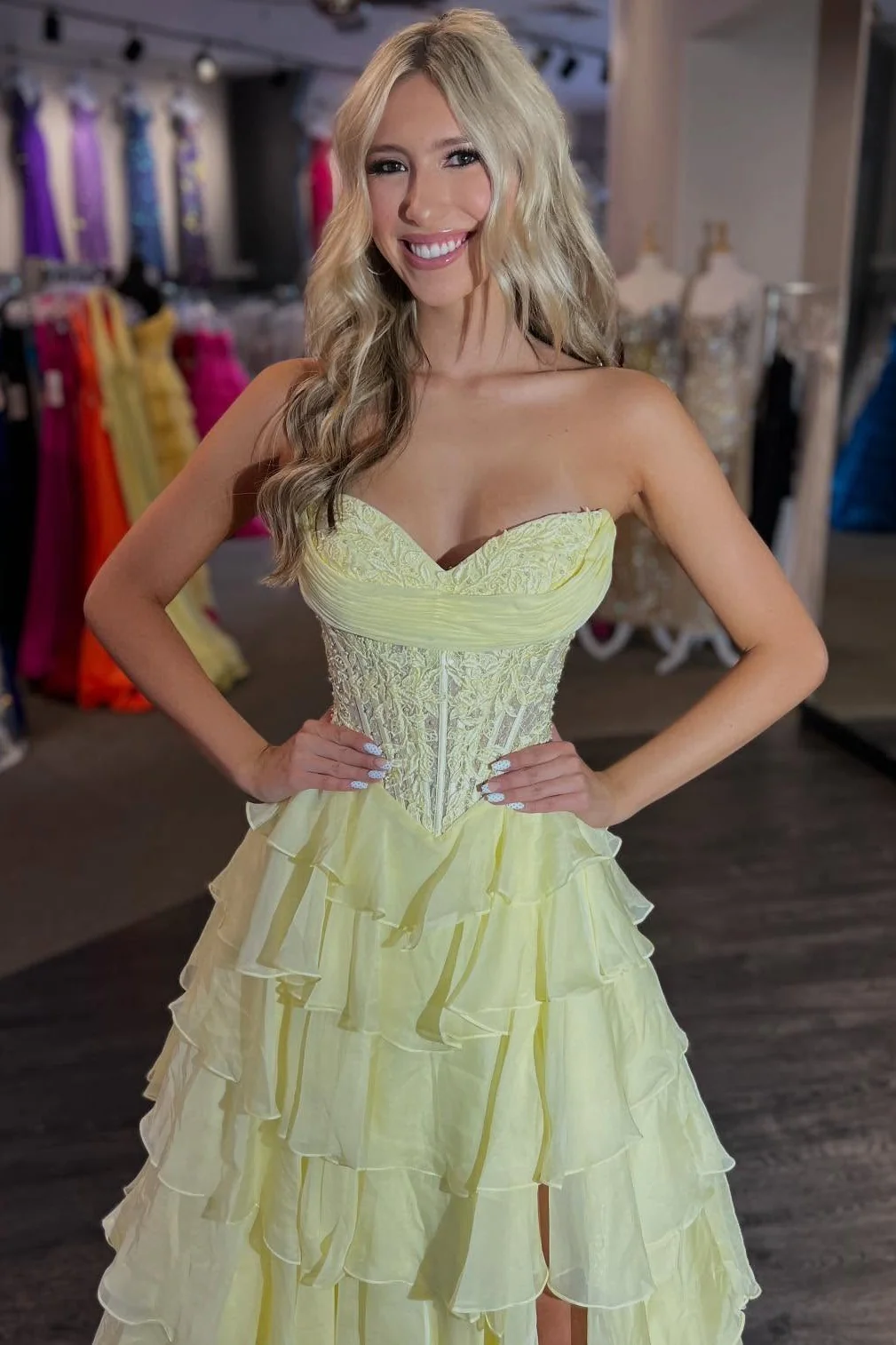 Layered Ruffle A-Line Prom Dress with Embellished Lace Bodice and Leg Slit - Image 12