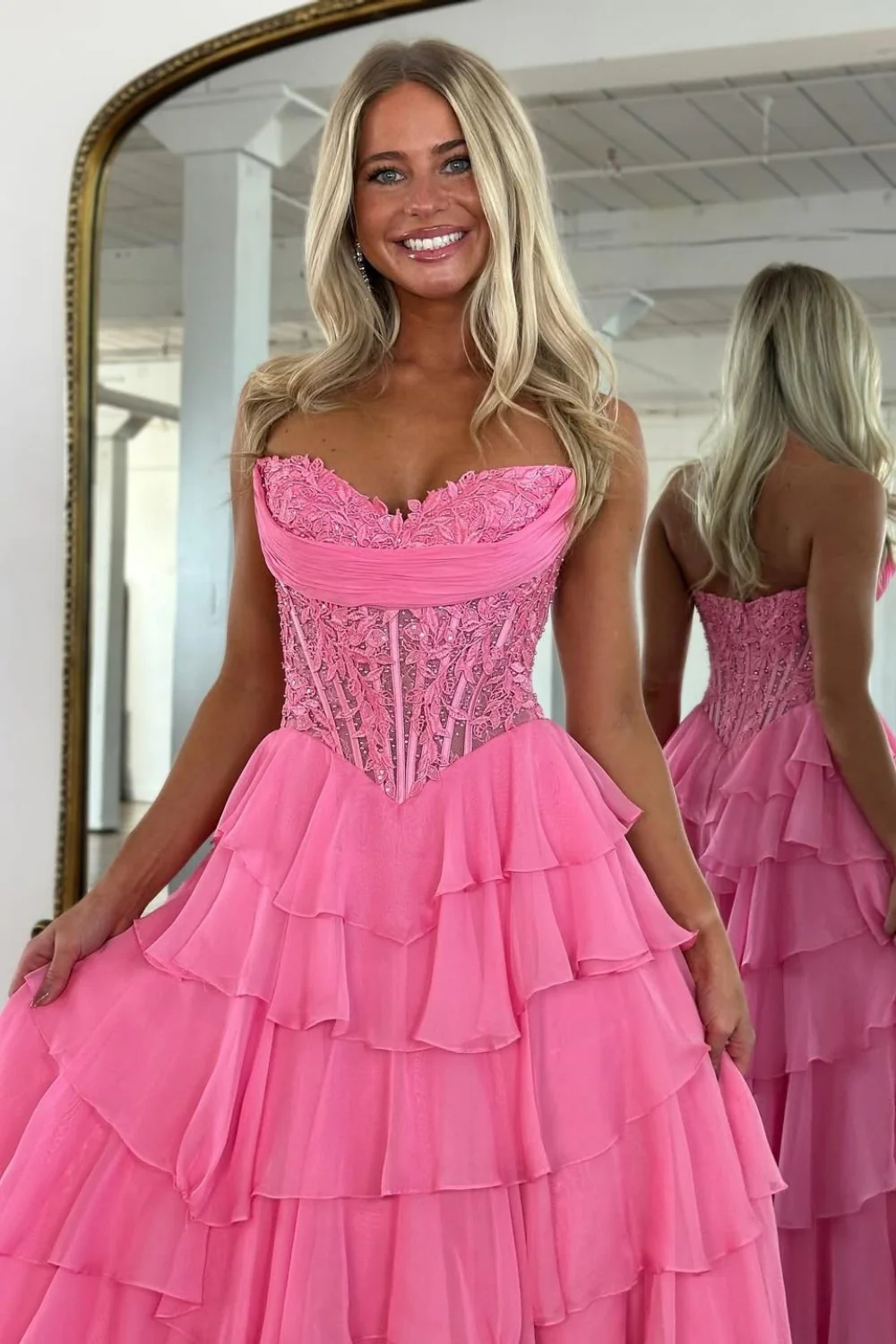 Layered Ruffle A-Line Prom Dress with Embellished Lace Bodice and Leg Slit - Image 2