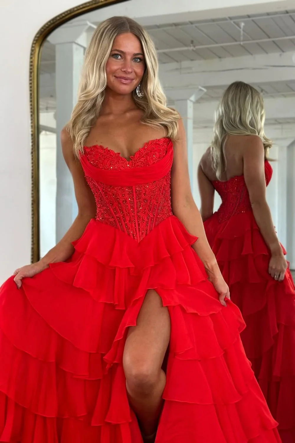 Layered Ruffle A-Line Prom Dress with Embellished Lace Bodice and Leg Slit - Image 6
