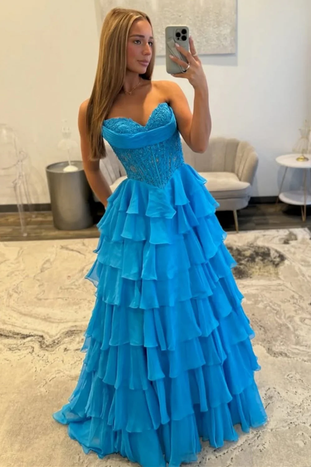 Layered Ruffle A-Line Prom Dress with Embellished Lace Bodice and Leg Slit - Image 8