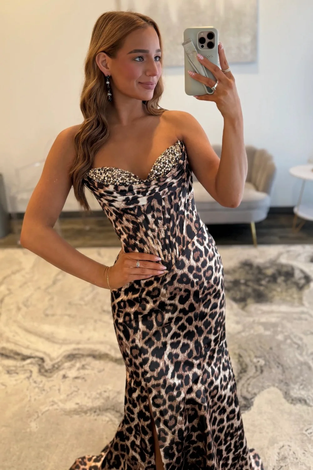 Leopard Print Strapless Mermaid Corset Prom Dress with Beaded Bodice - Image 3