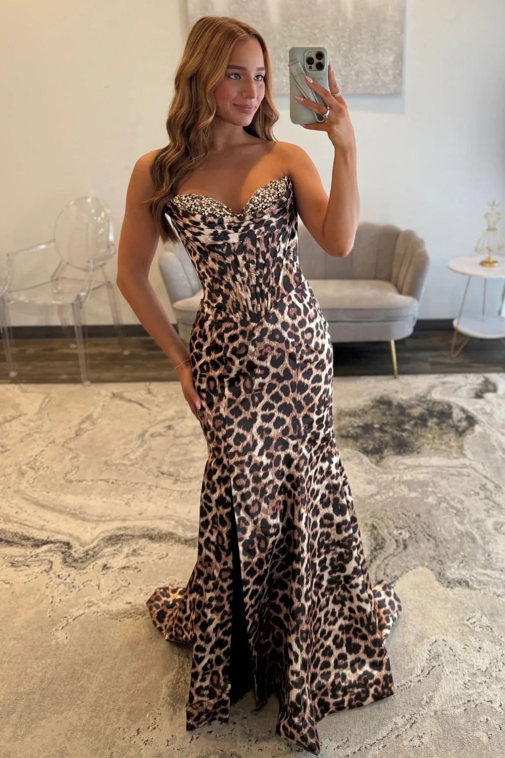 Leopard Print Strapless Mermaid Corset Prom Dress with Beaded Bodice - Image 4