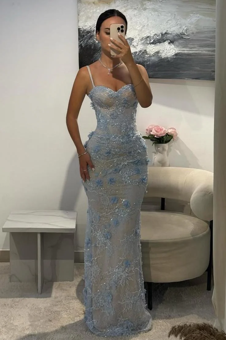 Light Blue 3D Floral Lace Beaded Mermaid Prom Dress with Illusion Corset Bodice - Image 2