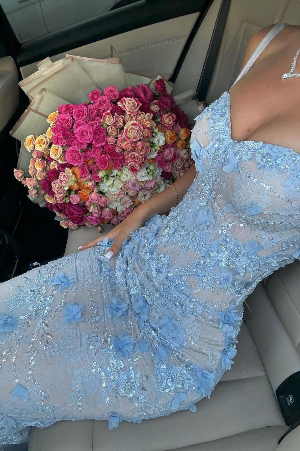 Light Blue 3D Floral Lace Beaded Mermaid Prom Dress with Illusion Corset Bodice - Image 8