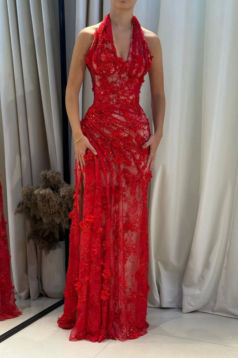 Light Blue 3D Floral Lace Halter Prom Dress with Beaded Illusion Bodice and High Slit - Image 32