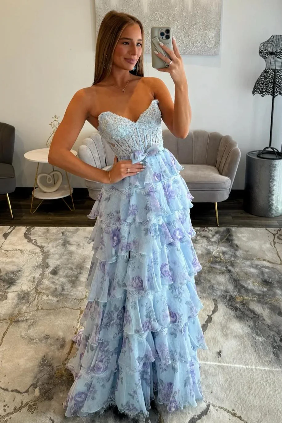 Light Blue A-Line Floral Tiered Ruffle Corset Prom Dress with Slit and Lace Up Back - Image 5