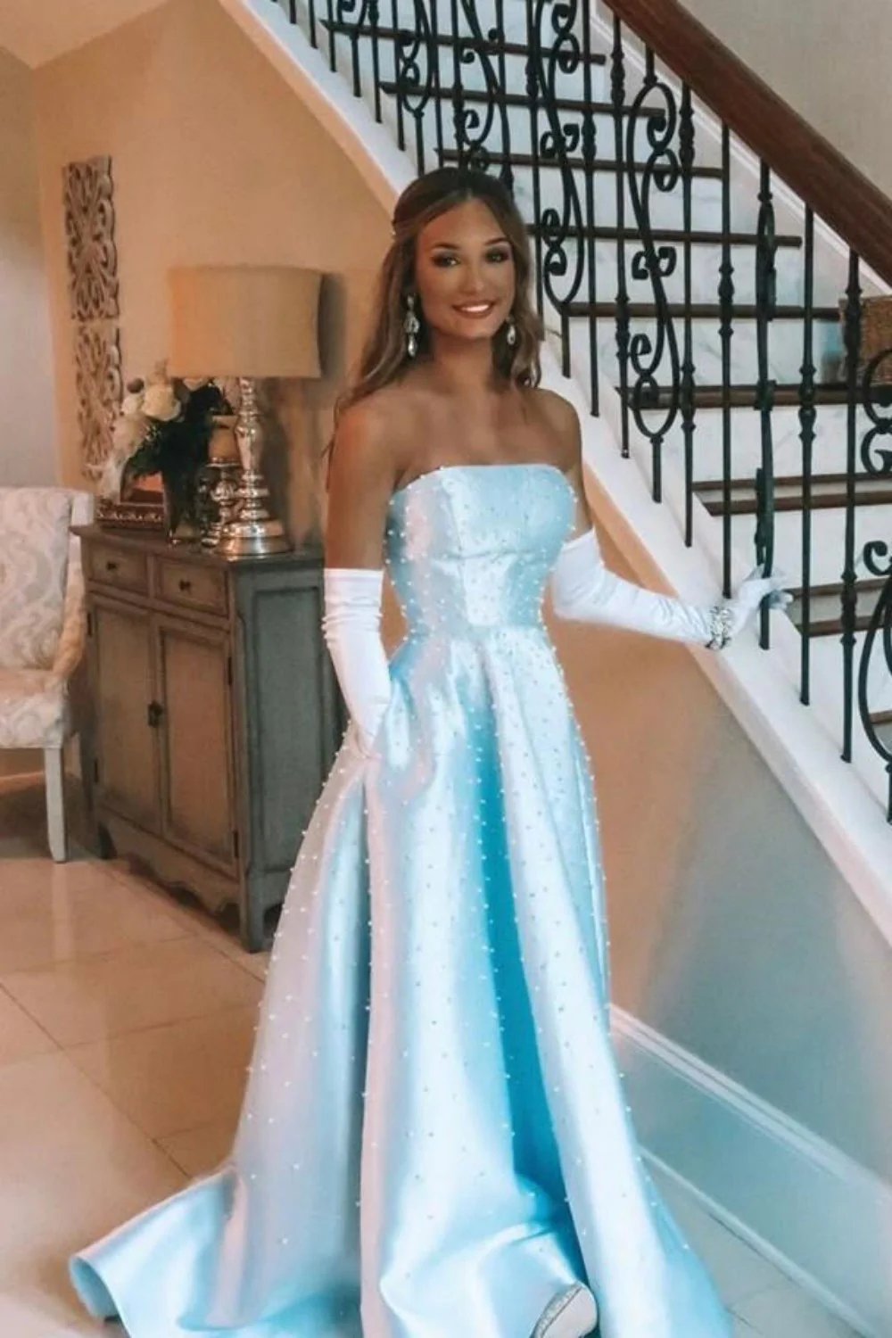 Light Blue AStrapless Satin Prom Ball Gown with Pearl Details - Image 2