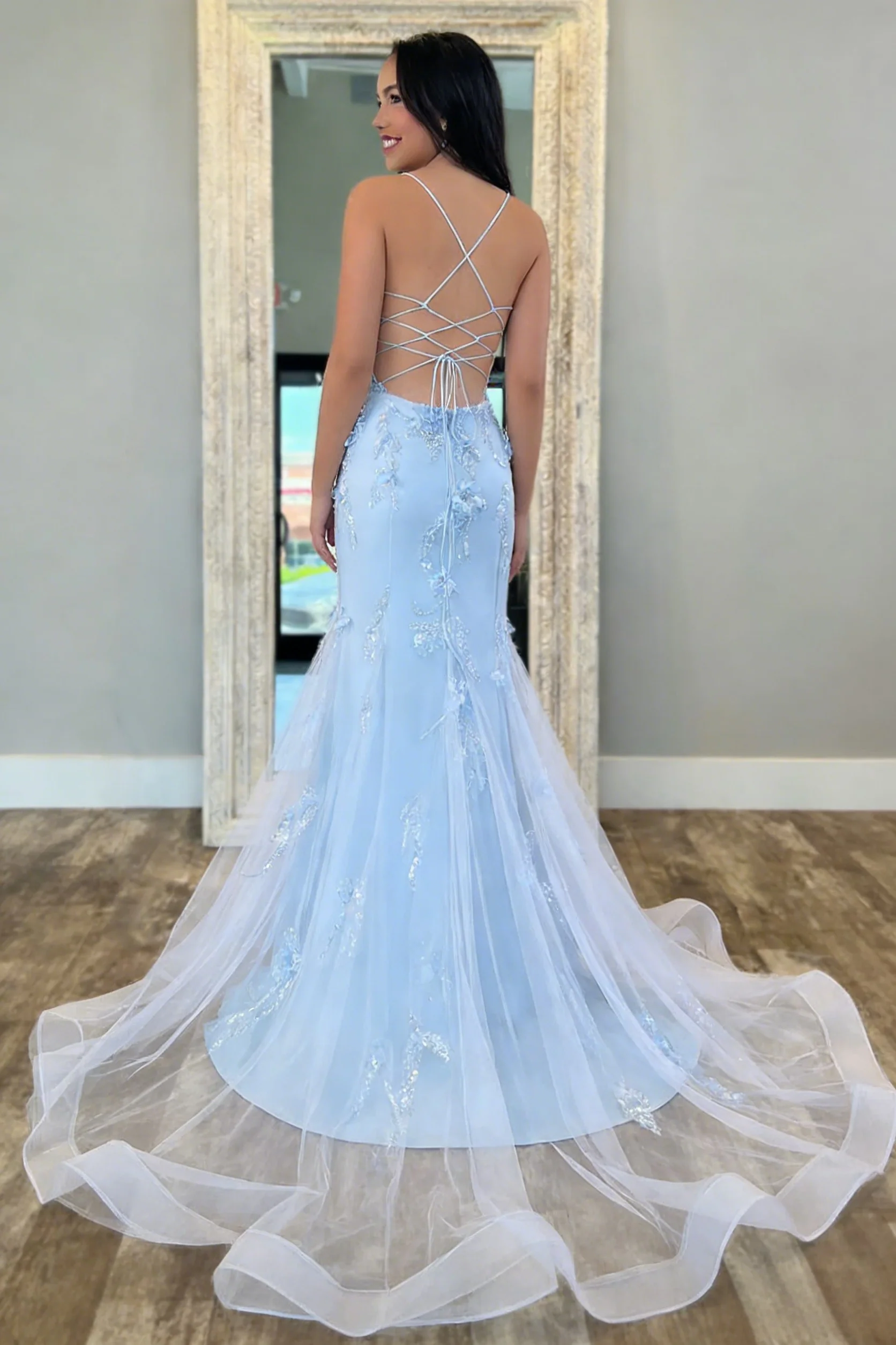Light Blue Floral Appliqué Spaghetti StrapS Mermaid Prom Dress with Tulle Train - Image 2