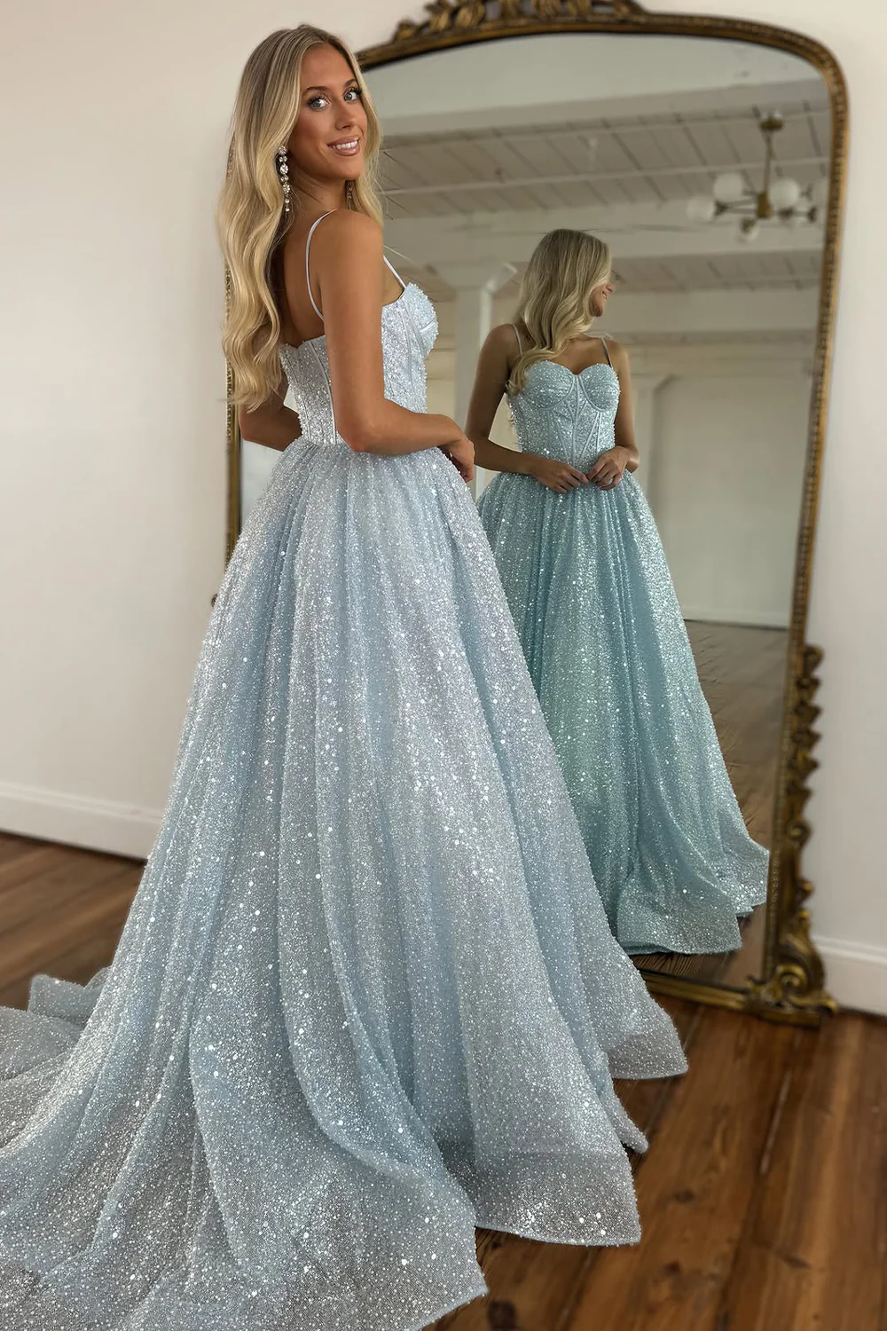Light Blue Glitter Floor-Length Gown with Spaghetti Straps Prom Dress - Image 2