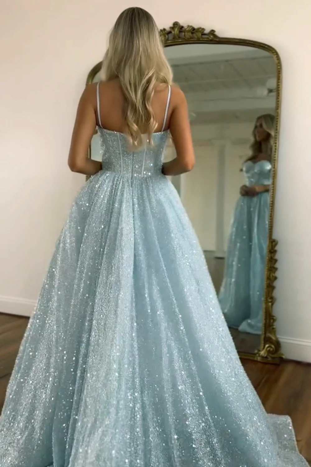Light Blue Glitter Floor-Length Gown with Spaghetti Straps Prom Dress - Image 3