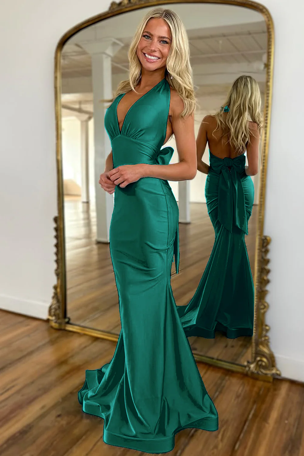 Light Blue Halter Neck Backless Long Mermaid Satin Prom Dress with Bow-knot - Image 8