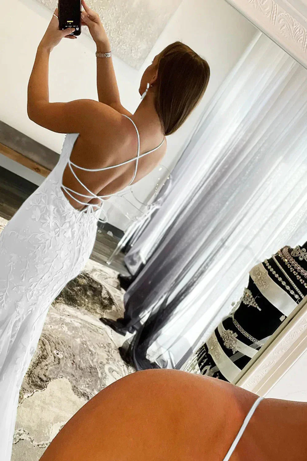 Light Blue Lace Appliqué Mermaid Prom Dress with Spaghetti Straps - Image 13